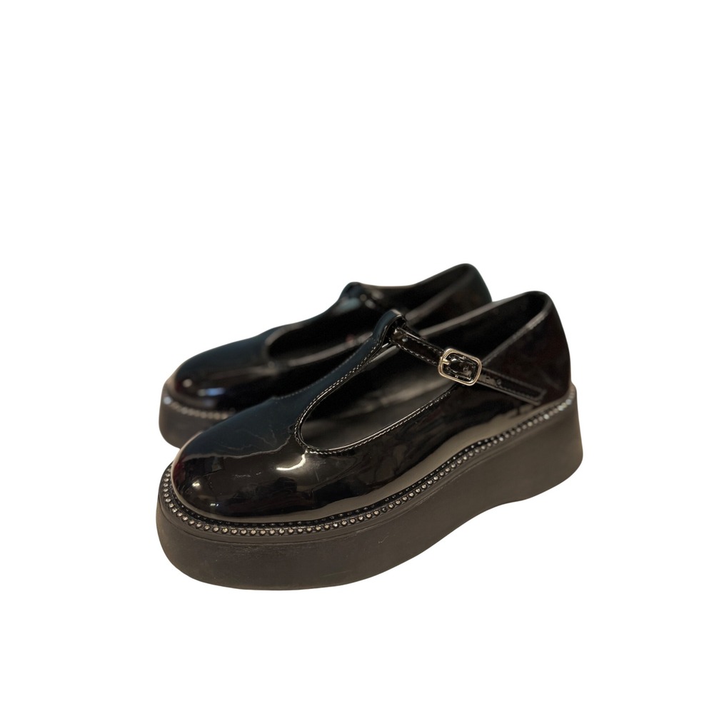 Steve Madden Kids Black Patent T-Strap Mary Jane Platform Rhinestone Shoes 2